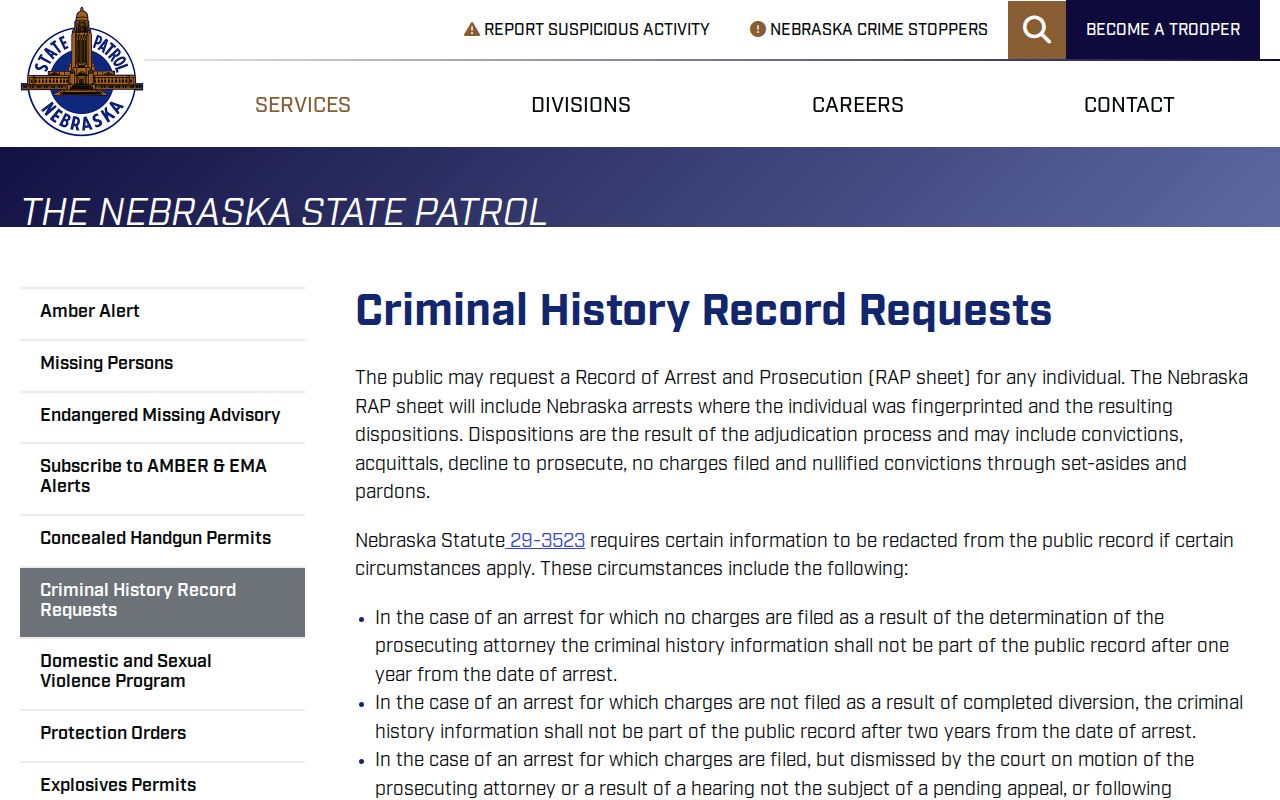 Nebraska State Patrol Madison County criminal history request options